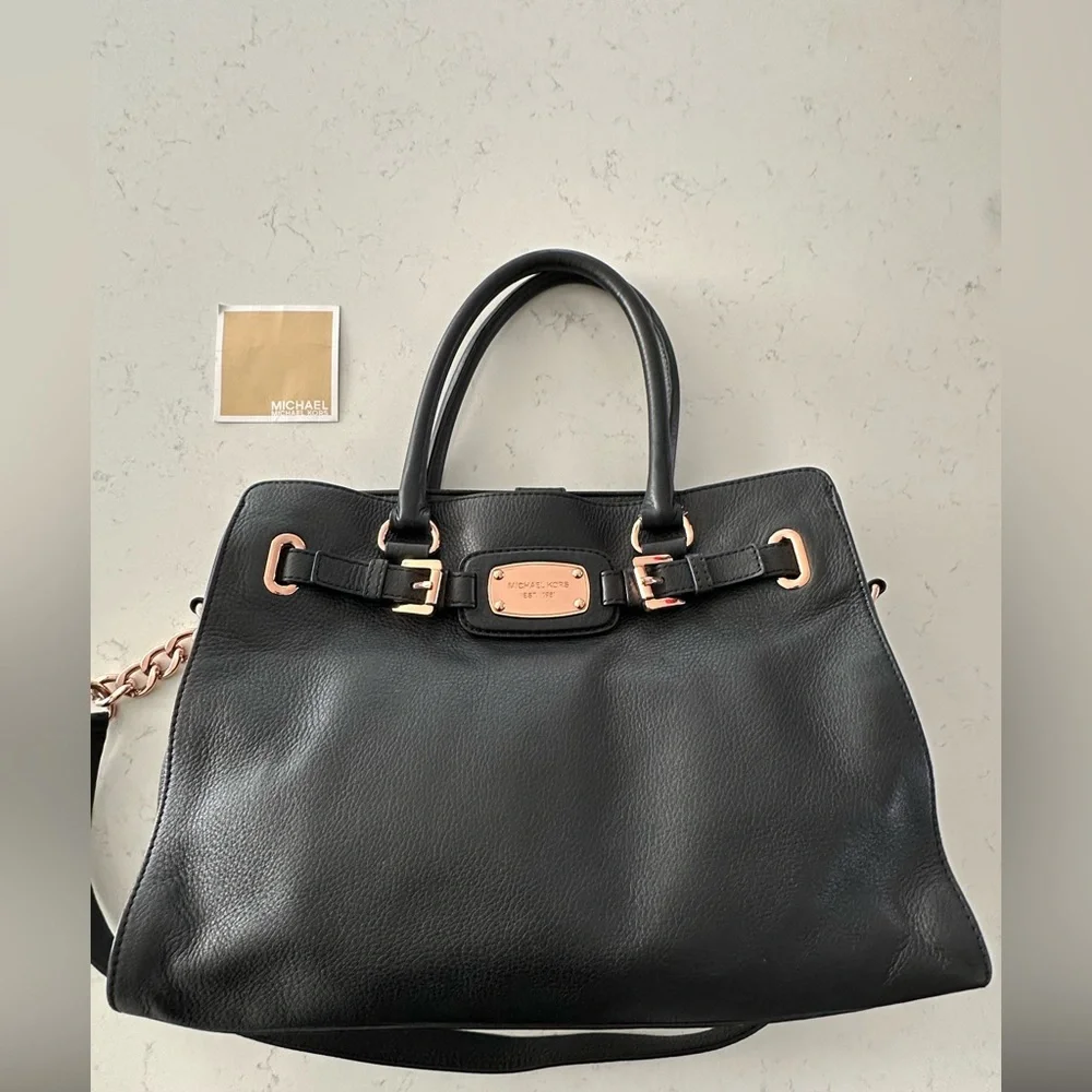 Michael Kors HAMILTON Black Pebbled Leather Satchel Tote Bag Rose Gold Hardware - Picture 12 of 17